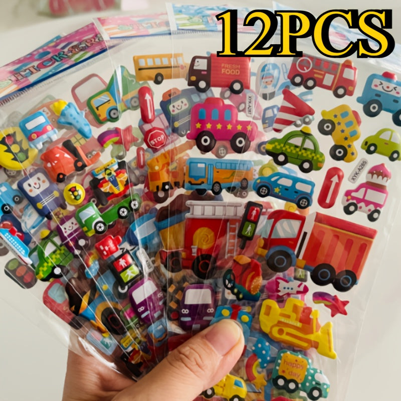 12 3D Cartoon Vehicle Stickers Made of Semi-Gloss Plastic in Irregular Shapes, Designed for One-Time Use. These Educational And Entertaining Reward Stickers Feature Fire Trucks And Excavators, Suitable for Various Surfaces.