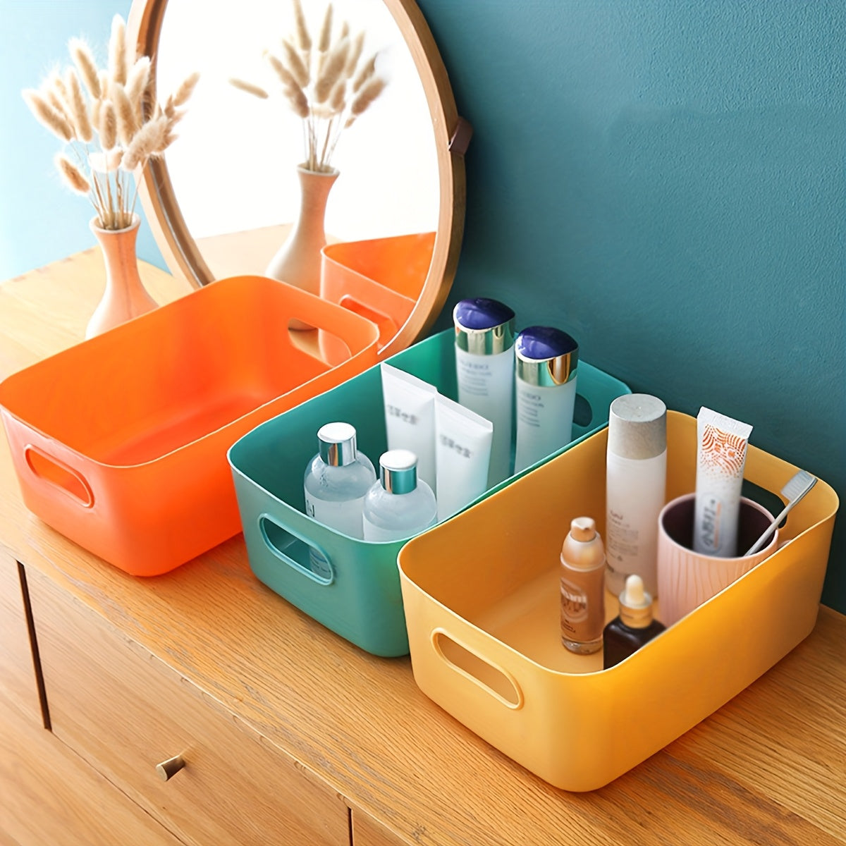 2pcs Vibrant Plastic Storage Bins for Desk, Bathroom, Kitchen