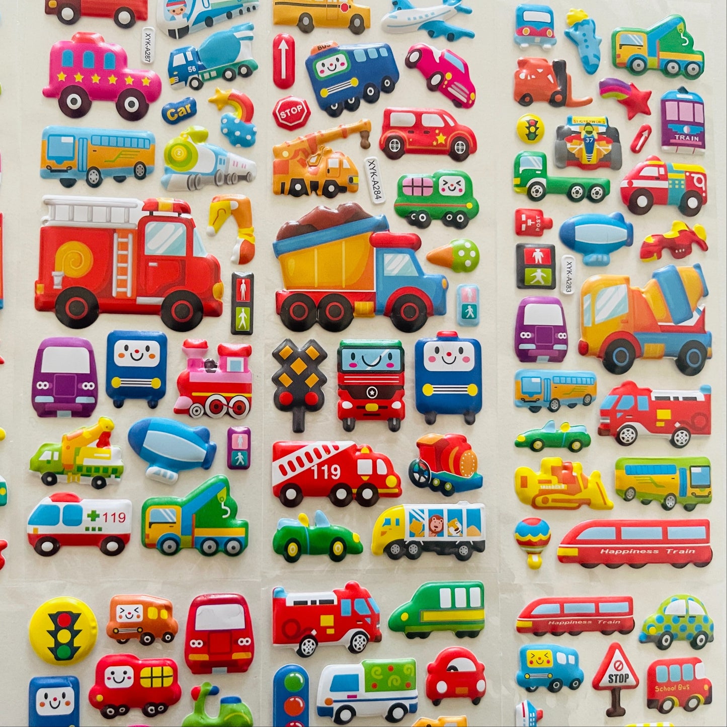12 3D Cartoon Vehicle Stickers Made of Semi-Gloss Plastic in Irregular Shapes, Designed for One-Time Use. These Educational And Entertaining Reward Stickers Feature Fire Trucks And Excavators, Suitable for Various Surfaces.