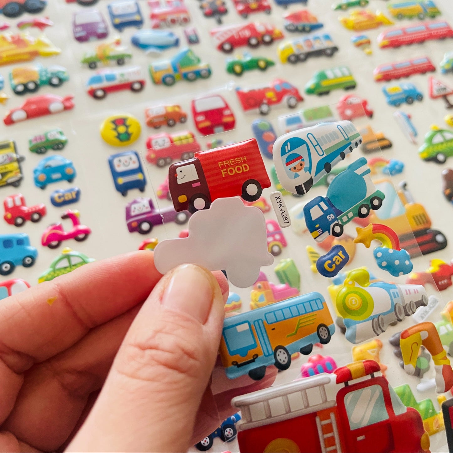 12 3D Cartoon Vehicle Stickers Made of Semi-Gloss Plastic in Irregular Shapes, Designed for One-Time Use. These Educational And Entertaining Reward Stickers Feature Fire Trucks And Excavators, Suitable for Various Surfaces.