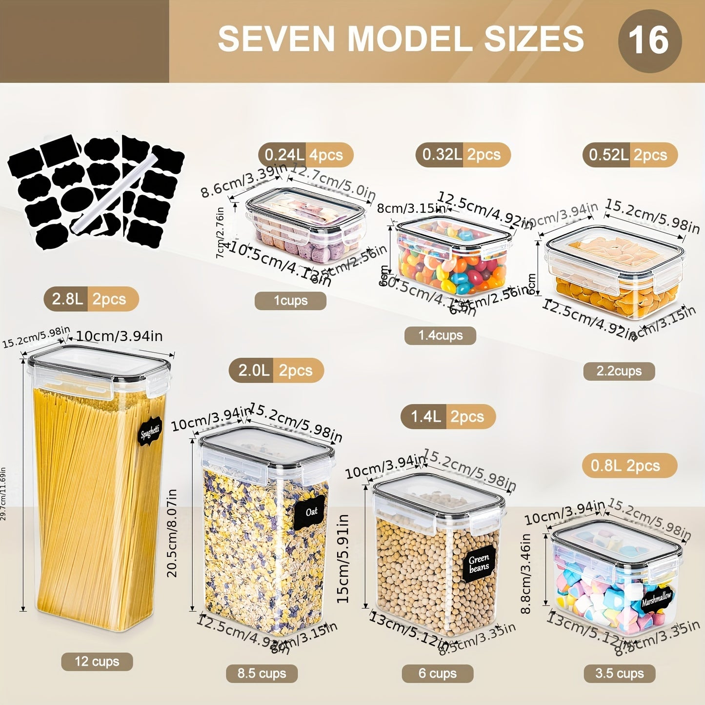 Storage Boxes 16 Set, Storage Box Kitchen Airtight Plastic Container with Lid, Storage Jars for Storage Of Noodles, Cereal, Rice, Flour, And for Feed Pets. Can Be Developed for Multiple Purposes.