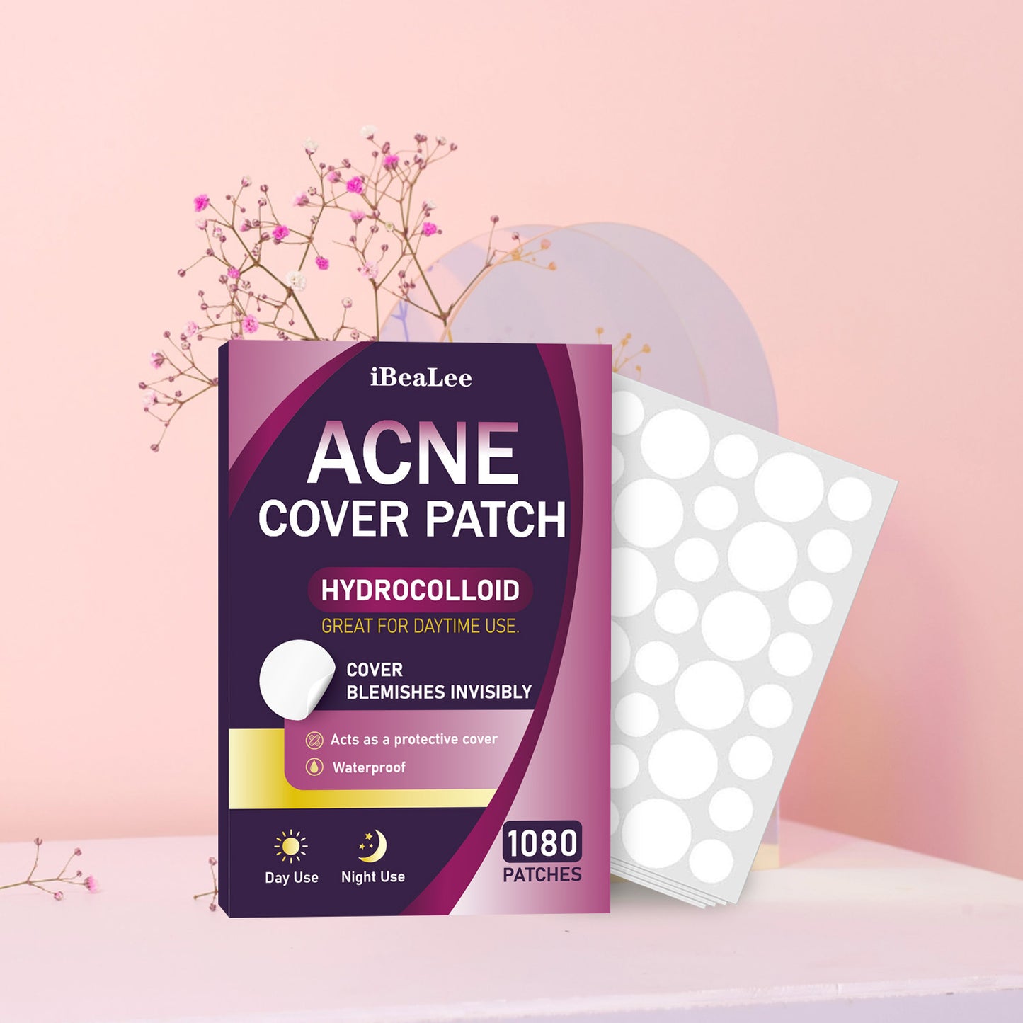 iBeaLee 1080pcs Hydrocolloid Acne Pimple Patch - Tea Tree Oil Infused, Waterproof Blemish Cover Stickers for All Skin Types, Unisex Adult, Formaldehyde-Free, Day & Night Use