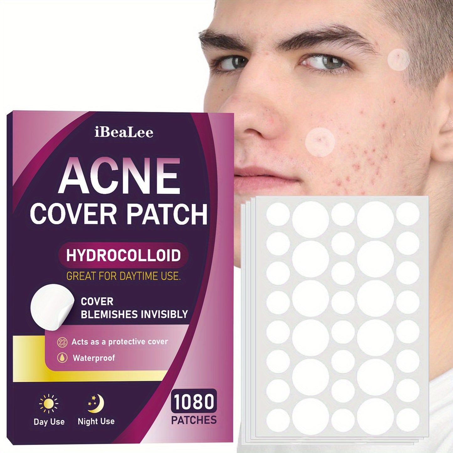 iBeaLee 1080pcs Hydrocolloid Acne Pimple Patch - Tea Tree Oil Infused, Waterproof Blemish Cover Stickers for All Skin Types, Unisex Adult, Formaldehyde-Free, Day & Night Use