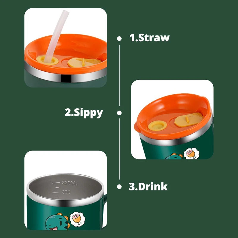 250ml Stainless Steel Kids Straw Cup with Lid & Handle