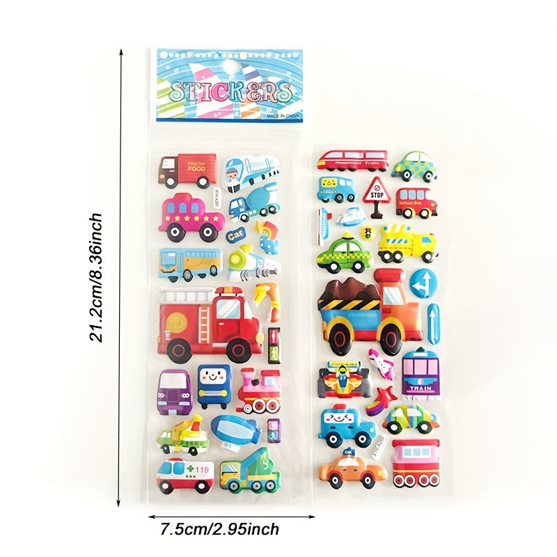 12 3D Cartoon Vehicle Stickers Made of Semi-Gloss Plastic in Irregular Shapes, Designed for One-Time Use. These Educational And Entertaining Reward Stickers Feature Fire Trucks And Excavators, Suitable for Various Surfaces.
