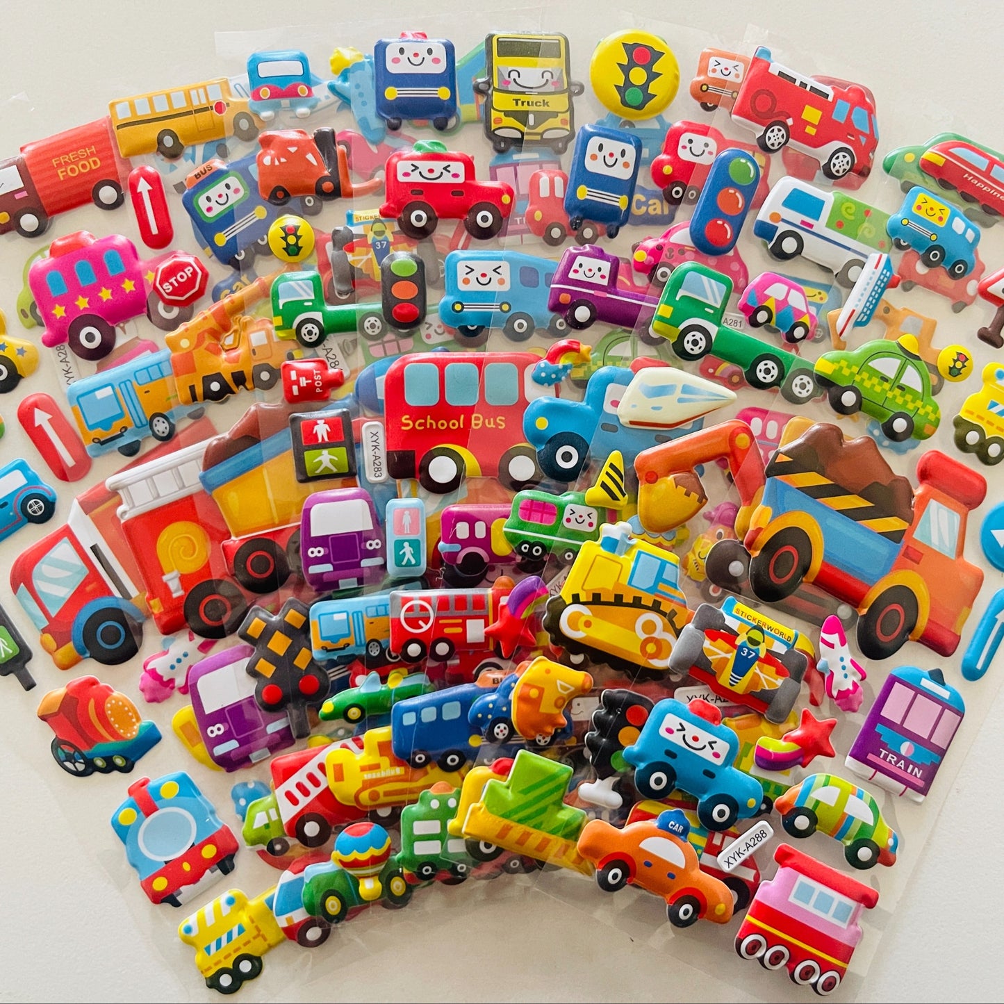 12 3D Cartoon Vehicle Stickers Made of Semi-Gloss Plastic in Irregular Shapes, Designed for One-Time Use. These Educational And Entertaining Reward Stickers Feature Fire Trucks And Excavators, Suitable for Various Surfaces.