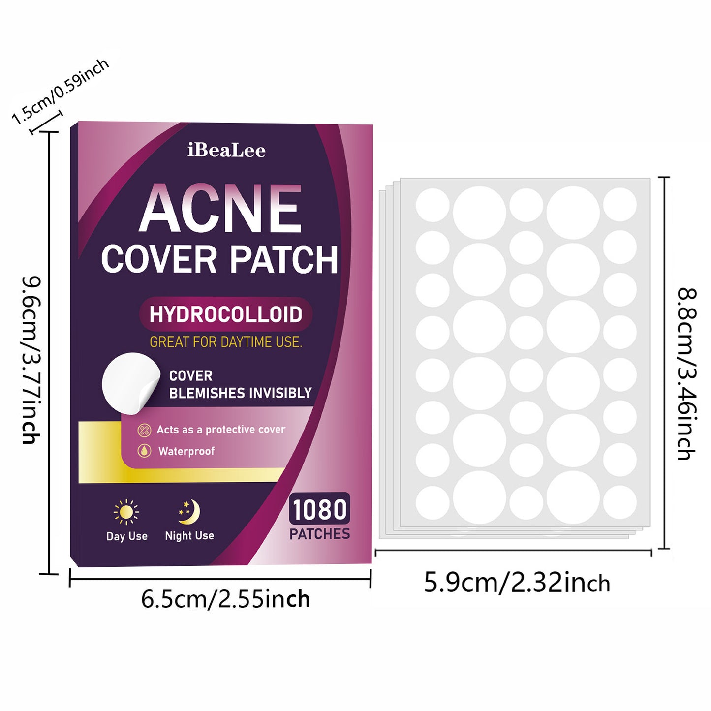 iBeaLee 1080pcs Hydrocolloid Acne Pimple Patch - Tea Tree Oil Infused, Waterproof Blemish Cover Stickers for All Skin Types, Unisex Adult, Formaldehyde-Free, Day & Night Use