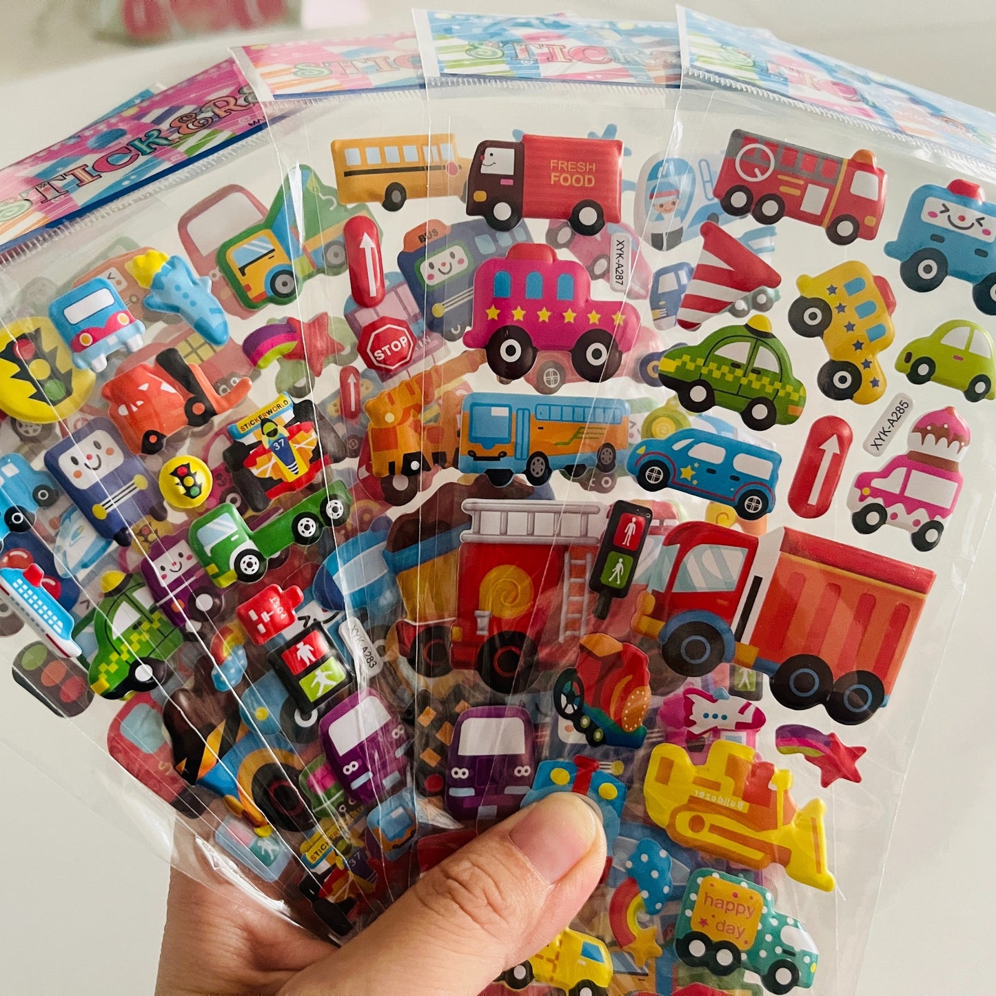 12 3D Cartoon Vehicle Stickers Made of Semi-Gloss Plastic in Irregular Shapes, Designed for One-Time Use. These Educational And Entertaining Reward Stickers Feature Fire Trucks And Excavators, Suitable for Various Surfaces.