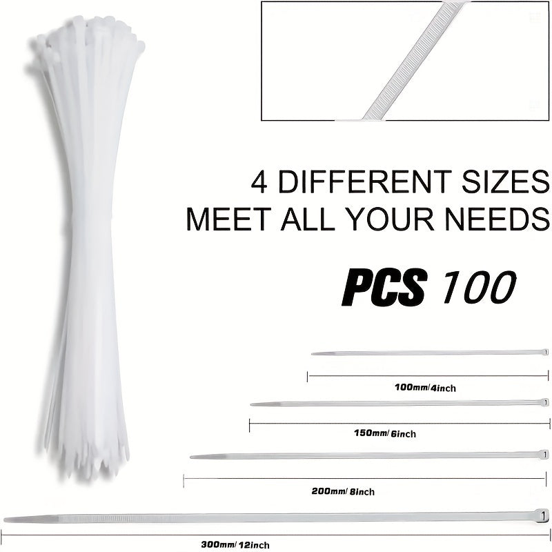 [100pcs Heavy Duty Cable Ties] 100pcs Cable Zipper Ties Strap, Heavy Duty Premium Plastic Wire Ties With Tensile Strength, Self-Locking White Nylon Tie Wraps For Indoor And Outdoor Gift Wrap Storage