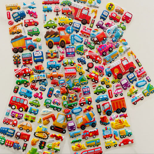 12 3D Cartoon Vehicle Stickers Made of Semi-Gloss Plastic in Irregular Shapes, Designed for One-Time Use. These Educational And Entertaining Reward Stickers Feature Fire Trucks And Excavators, Suitable for Various Surfaces.